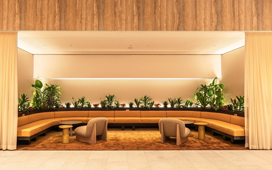 Custom gradient wool and artsilk rug in brown and beige tones in the 383 Kent Street lobby seating area, Sydney